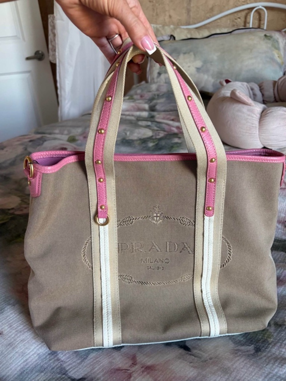 Prada Beige Canvas Tote with Pink Trim and Cream Straps